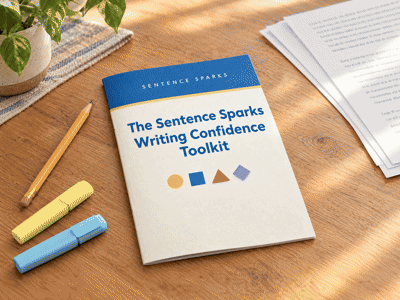 Pages of the Sentence Sparks toolkit: booklet, lesson spread, paragraph tiles and prompt cards