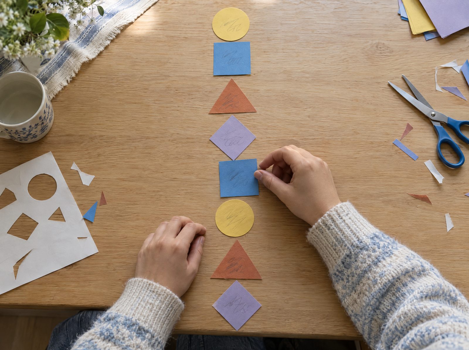 Paper paragraph tiles in four shapes on a table