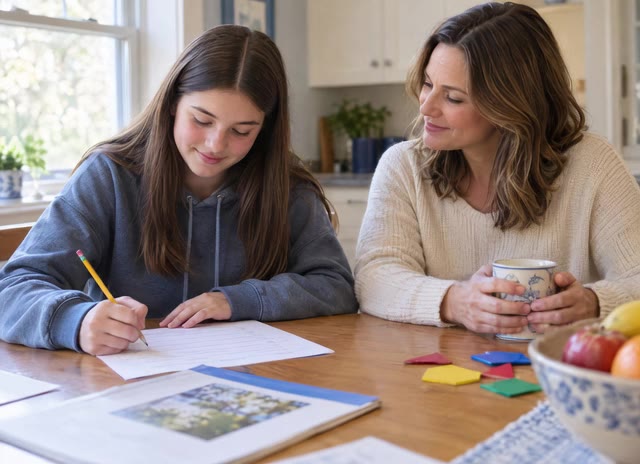A teen writing at a kitchen table while a parent sits beside them